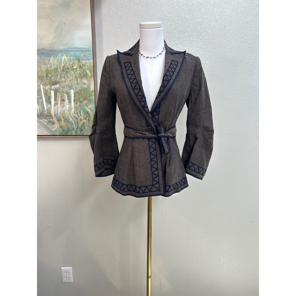 BCBGMAXAZRIA Brown Embroidered Linen Blend Wrap Blazer Jacket Size XS